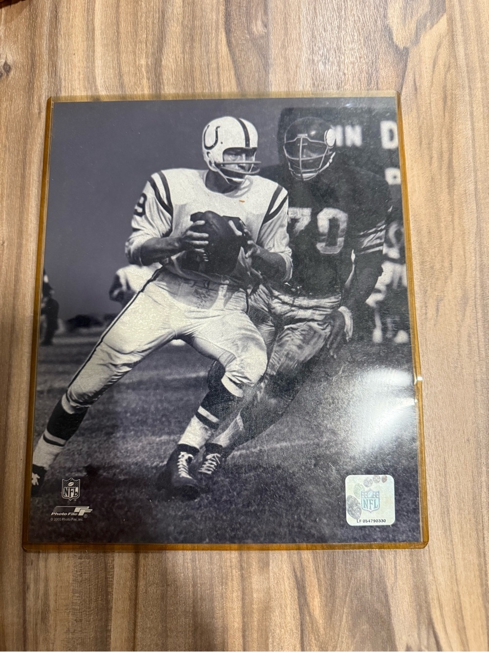 NFL Hologram Sticker on Clear Plaque with Wood Trim
